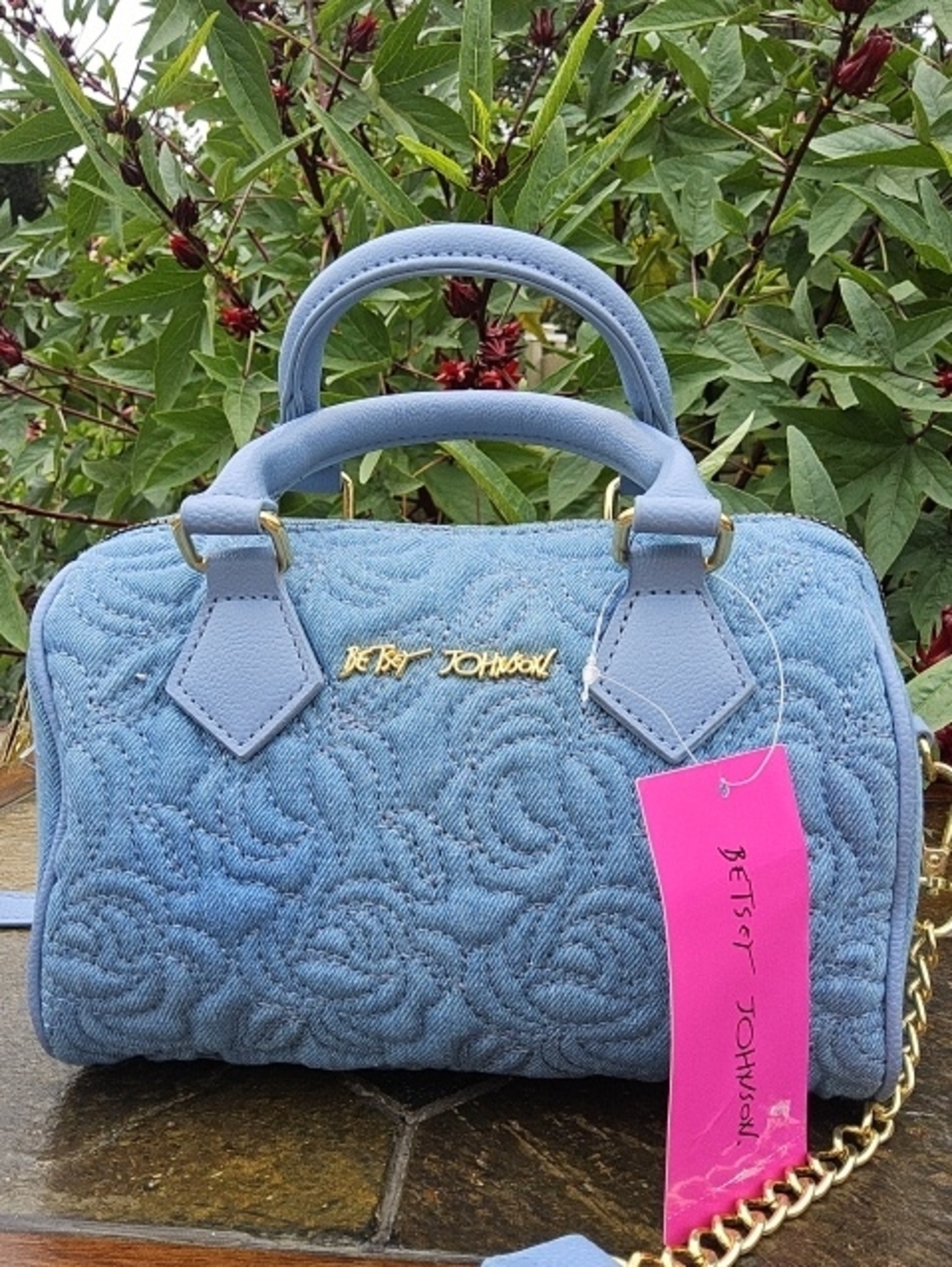NWT BETSEY JOHNSON BLUE BETSEY JOHNSON DENIM/ROSE EMBROIDERED CROSSBODY